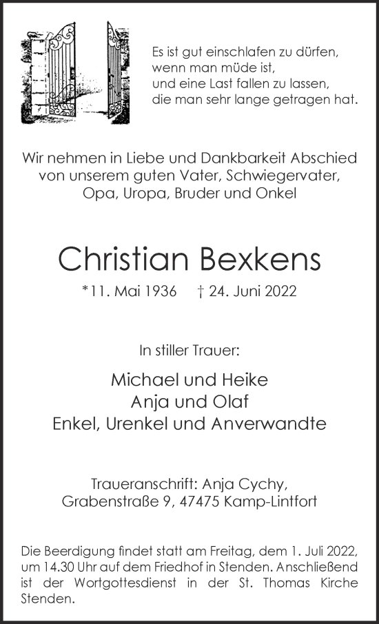 Traueranzeige von Christian Bexkens 