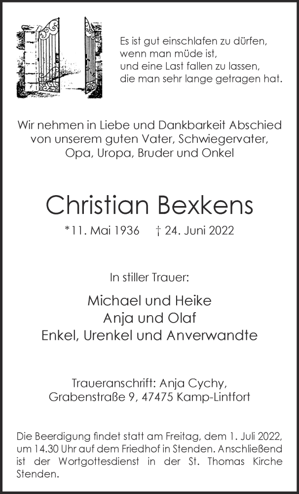  Traueranzeige für Christian Bexkens vom 29.06.2022 aus 