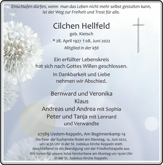 Traueranzeige von Cilchen Hellfeld 