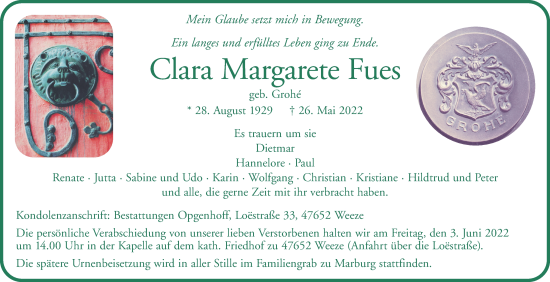 Traueranzeige von Clara Margarete Fues 