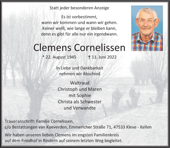 Traueranzeige von Clemens Cornelissen 
