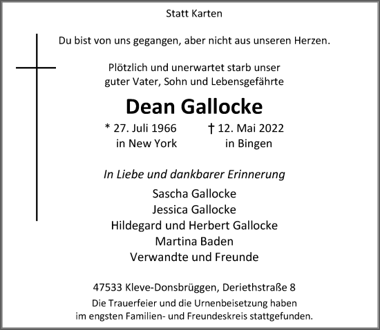 Traueranzeige von Dean Gallocke 