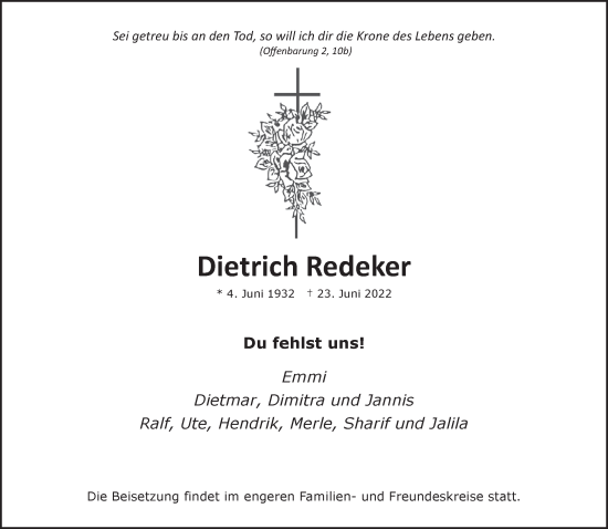 Traueranzeige von Dietrich Redeker 