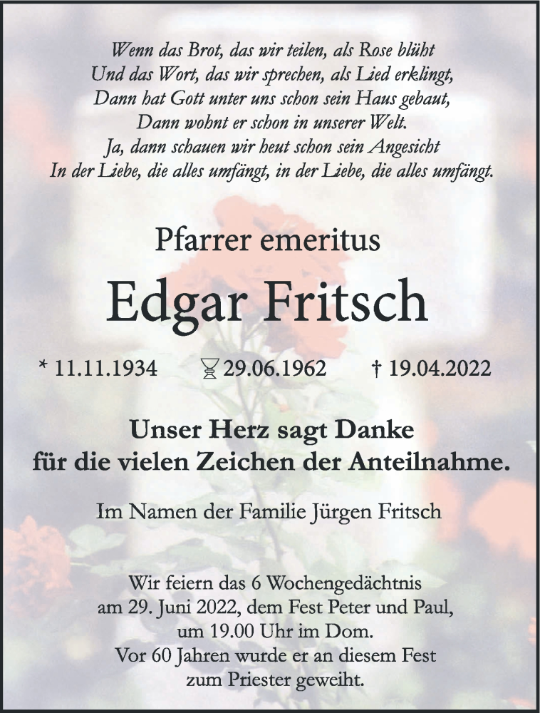  Traueranzeige für Edgar Fritsch vom 18.06.2022 aus 