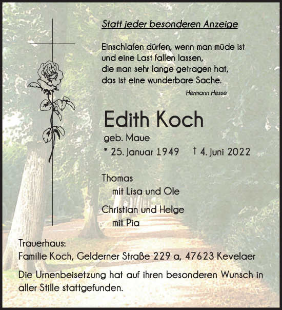Traueranzeige von Edith Koch 