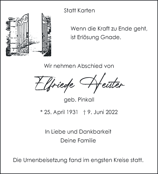 Traueranzeige von Elfriede Heister 