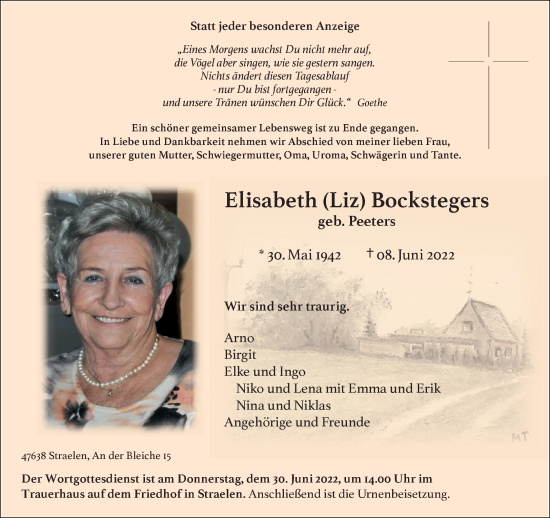 Traueranzeige von Elisabeth  Bockstegers 