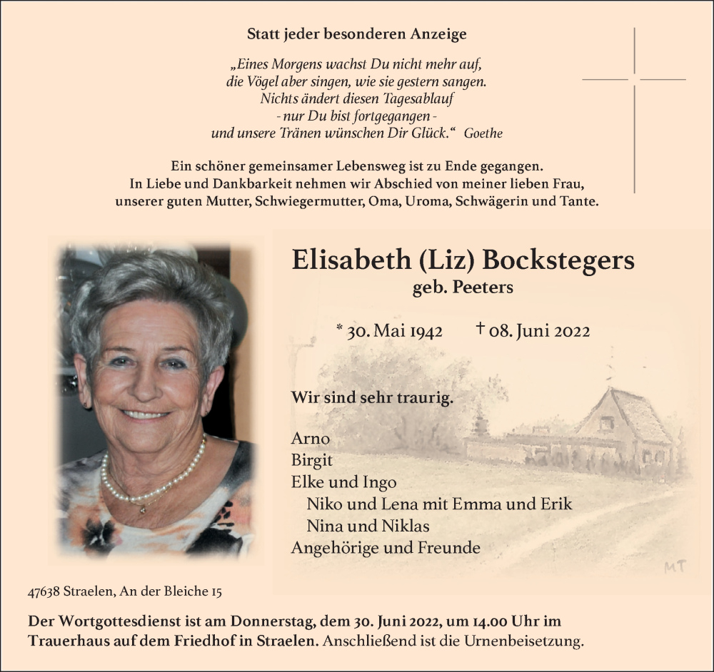  Traueranzeige für Elisabeth  Bockstegers vom 25.06.2022 aus 