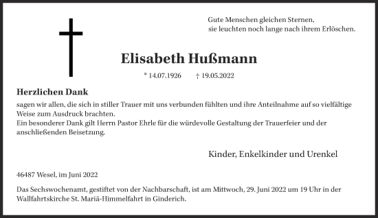 Traueranzeige von Elisabeth Hußmann 