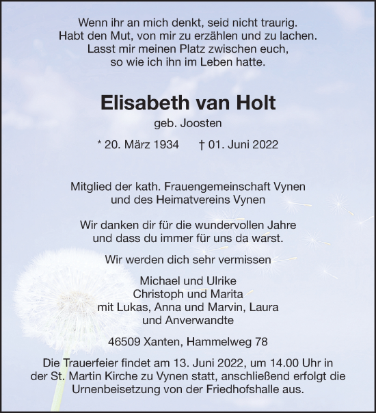 Traueranzeige von Elisabeth van Holt 