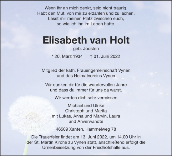 Traueranzeige von Elisabeth van Holt 