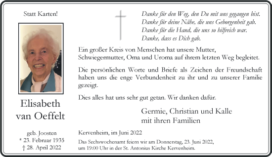 Traueranzeige von Elisabeth van Oeffelt 
