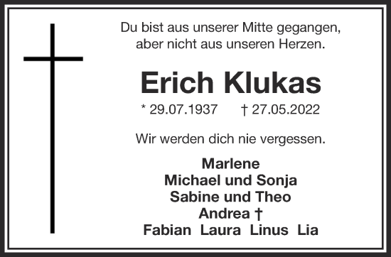 Traueranzeige von Erich Klukas 