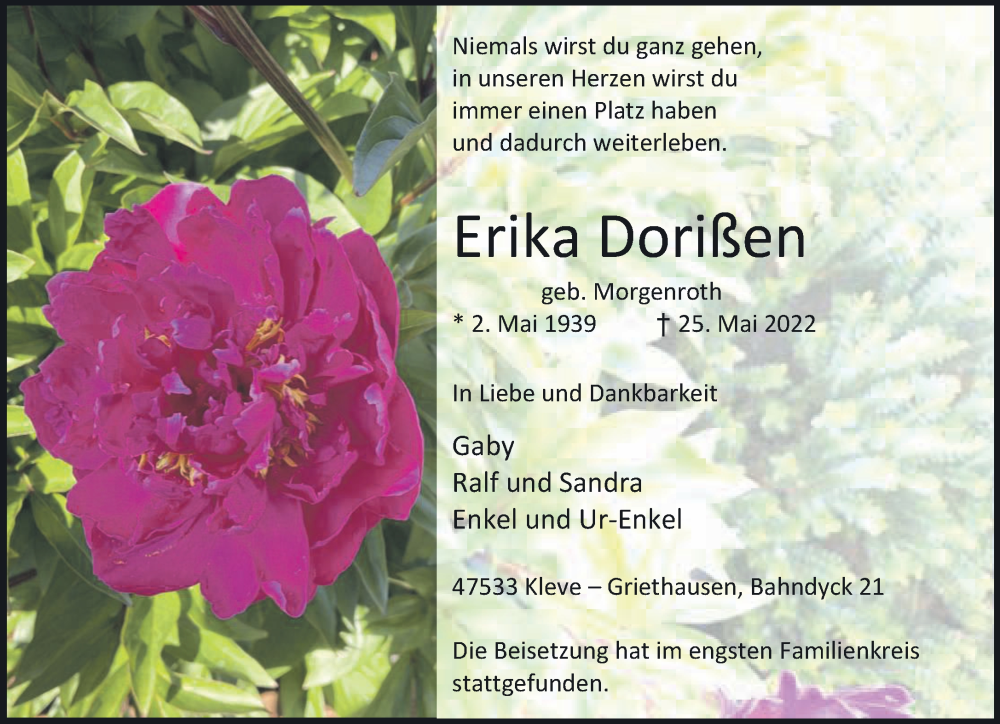  Traueranzeige für Erika Dorißen vom 15.06.2022 aus 
