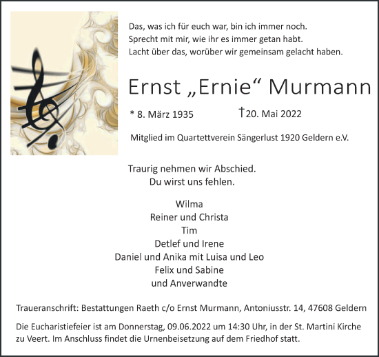 Traueranzeige von Ernst Murmann 