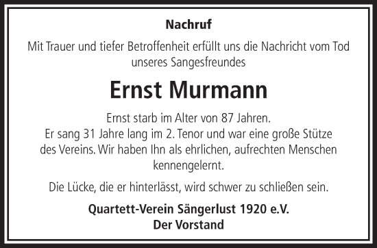 Traueranzeige von Ernst Murmann 