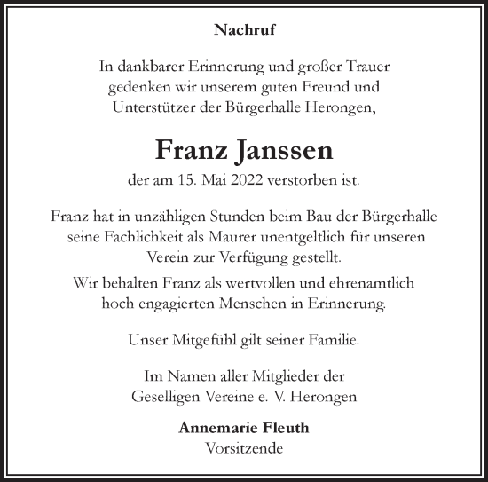 Traueranzeige von Franz Janssen 