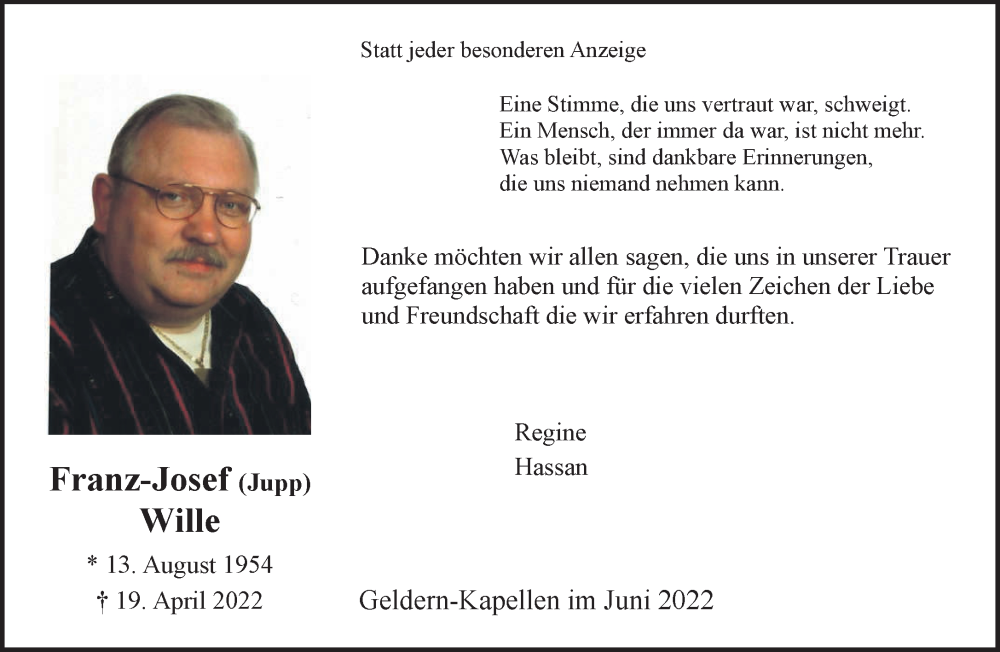  Traueranzeige für Franz-Josef Wille vom 04.06.2022 aus 