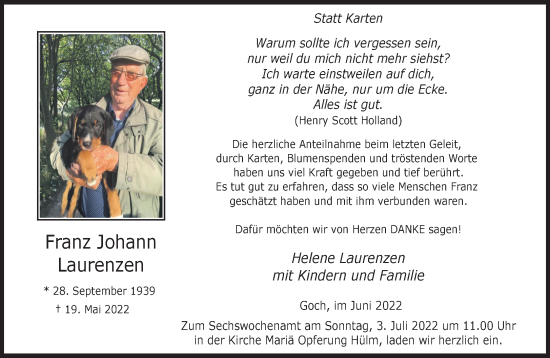 Traueranzeige von Franz Johann Laurenzen 