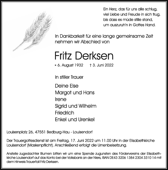 Traueranzeige von Fritz Derksen 
