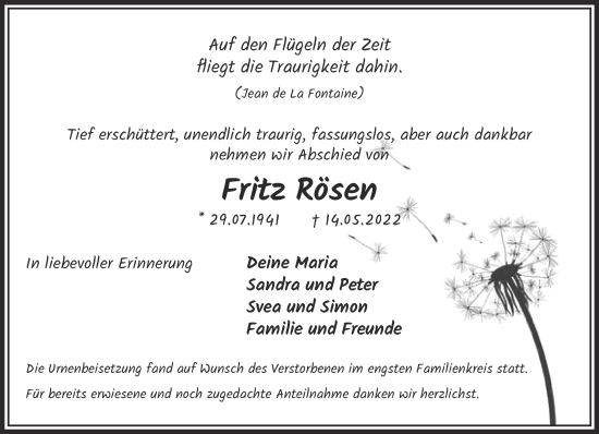 Traueranzeige von Fritz Rösen 