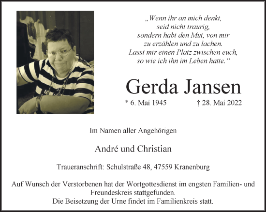 Traueranzeige von Gerda Jansen 