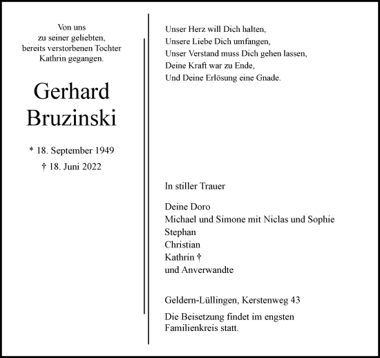 Traueranzeige von Gerhard Bruzinski 
