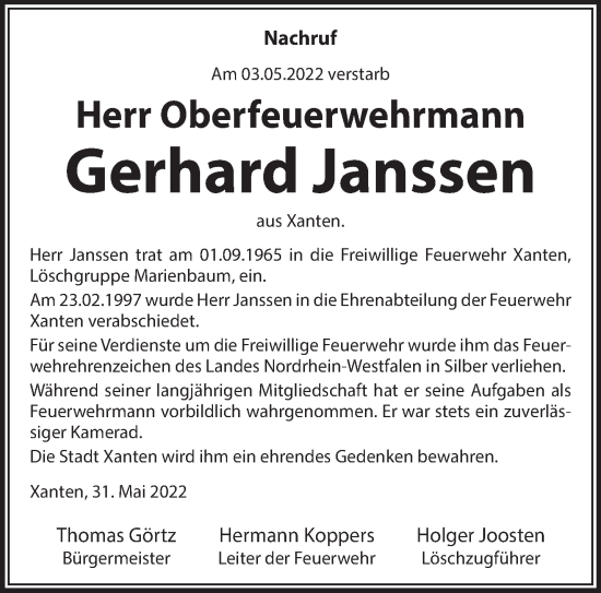 Traueranzeige von Gerhard Janssen 