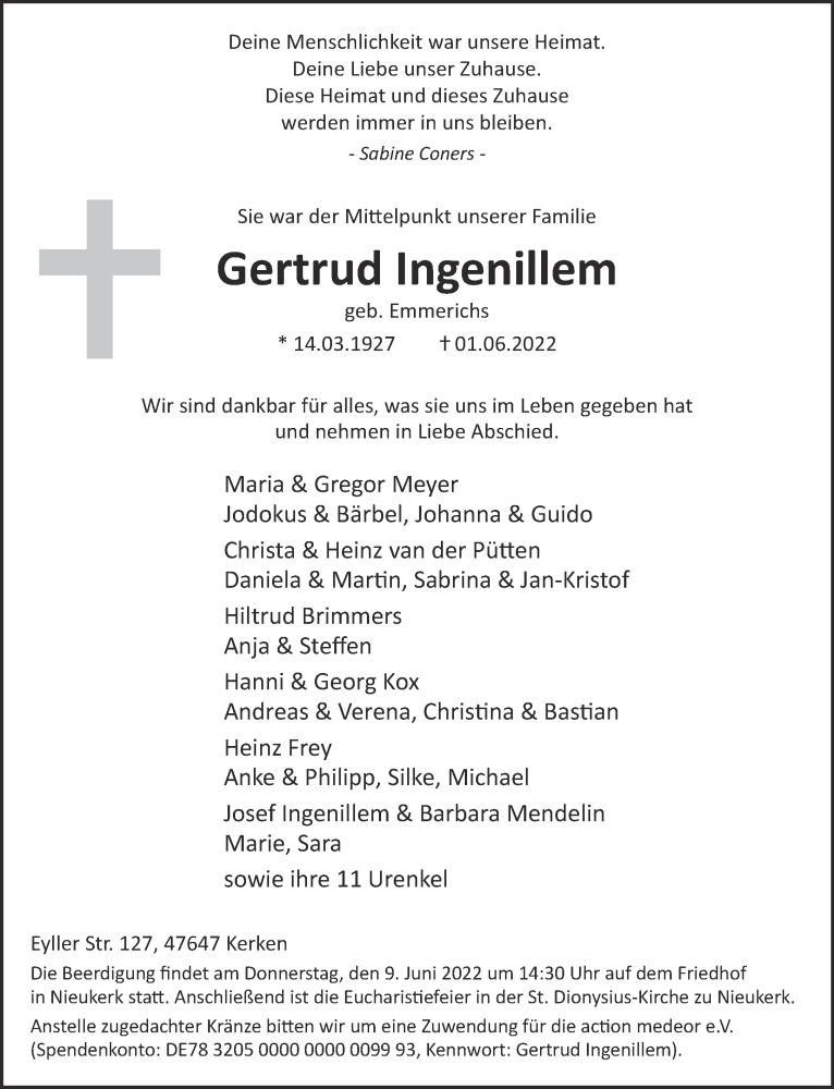  Traueranzeige für Gertrud Ingenillem vom 04.06.2022 aus 