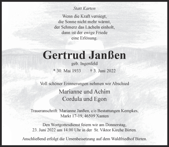 Traueranzeige von Gertrud Janßen 
