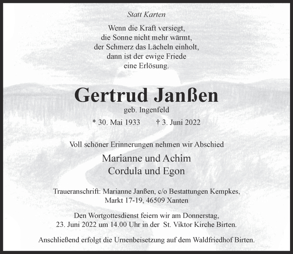  Traueranzeige für Gertrud Janßen vom 18.06.2022 aus 