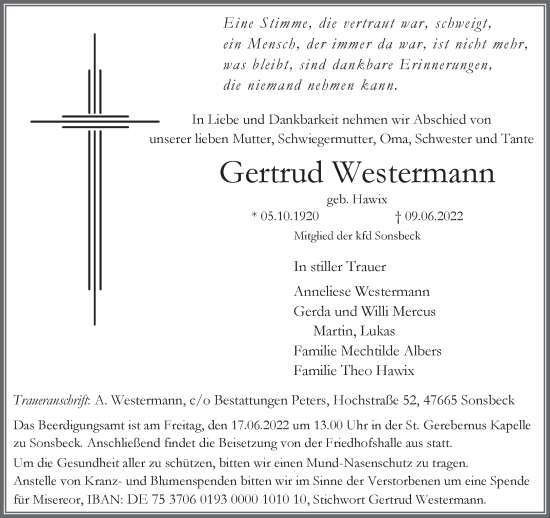 Traueranzeige von Gertrud Westermann 