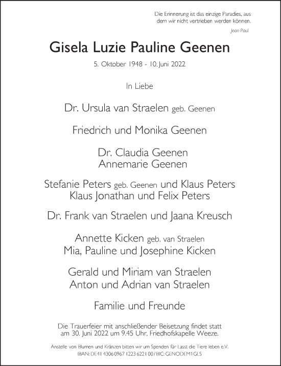 Traueranzeige von Gisela Luzie Pauline Geenen 