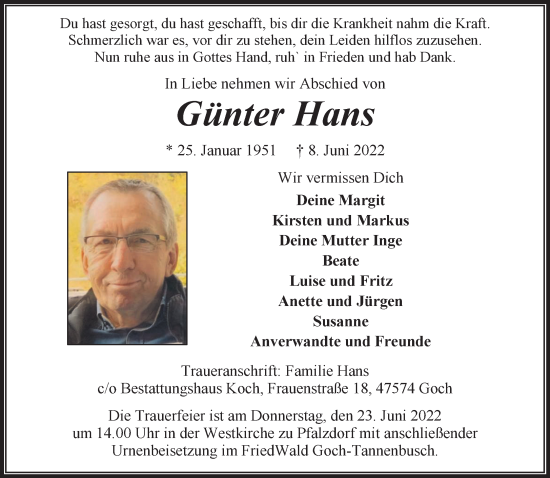 Traueranzeige von Günter Hans 