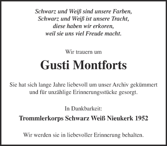 Traueranzeige von Gusti Montforts 