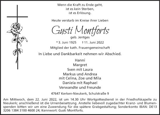 Traueranzeige von Gusti Montforts 