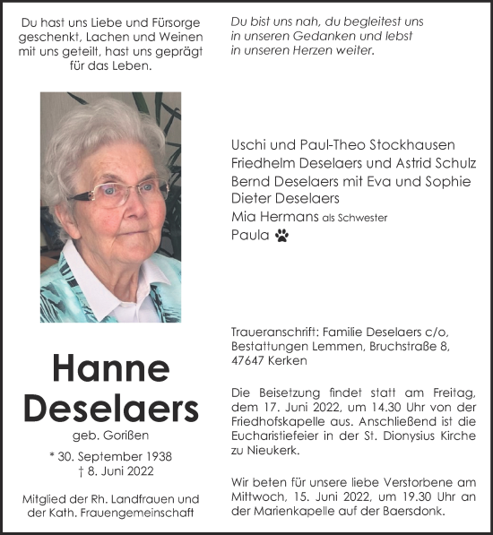 Traueranzeige von Hanne Deselaers 