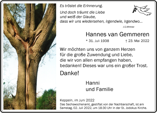 Traueranzeige von Hannes van Gemmeren 