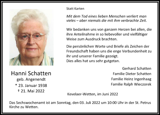 Traueranzeige von Hanni Schatten 