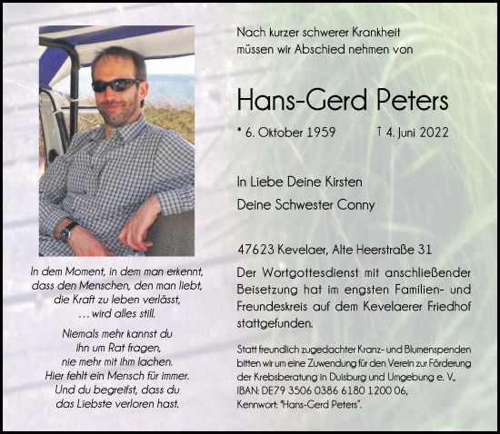 Traueranzeige von Hans-Gerd Peters 