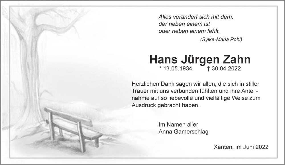  Traueranzeige für Hans Jürgen Zahn vom 15.06.2022 aus 