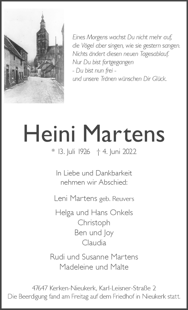  Traueranzeige für Heini Martens vom 11.06.2022 aus 
