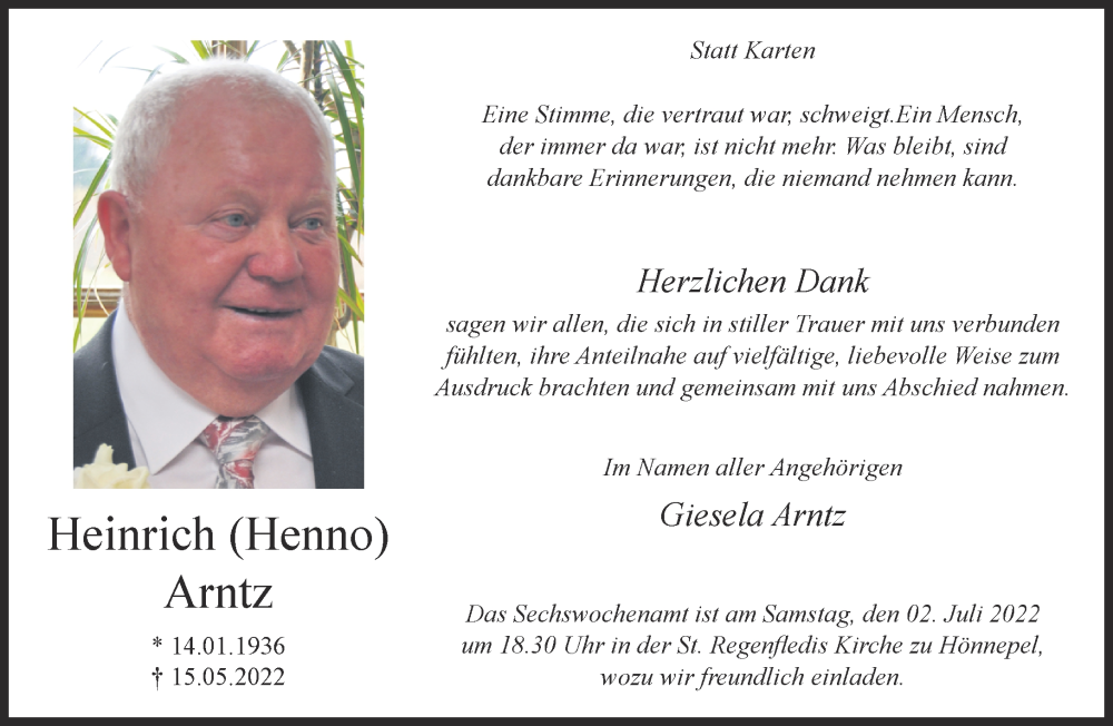  Traueranzeige für Heinrich Arntz vom 25.06.2022 aus 