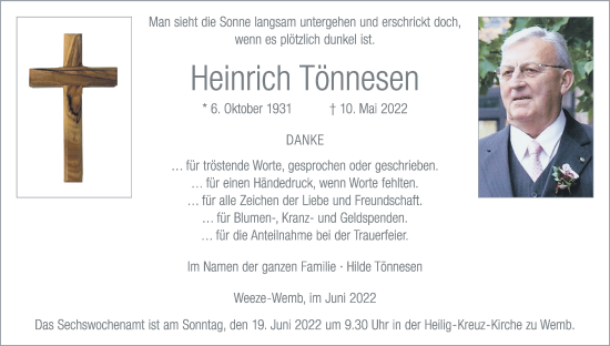 Traueranzeige von Heinrich Tönnesen 
