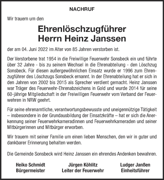 Traueranzeige von Heinz Janssen 