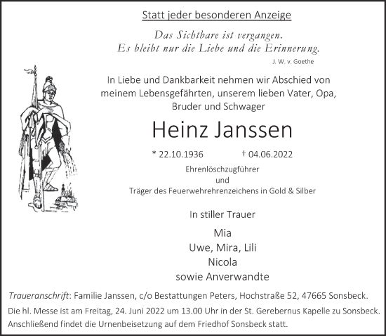 Traueranzeige von Heinz Janssen 