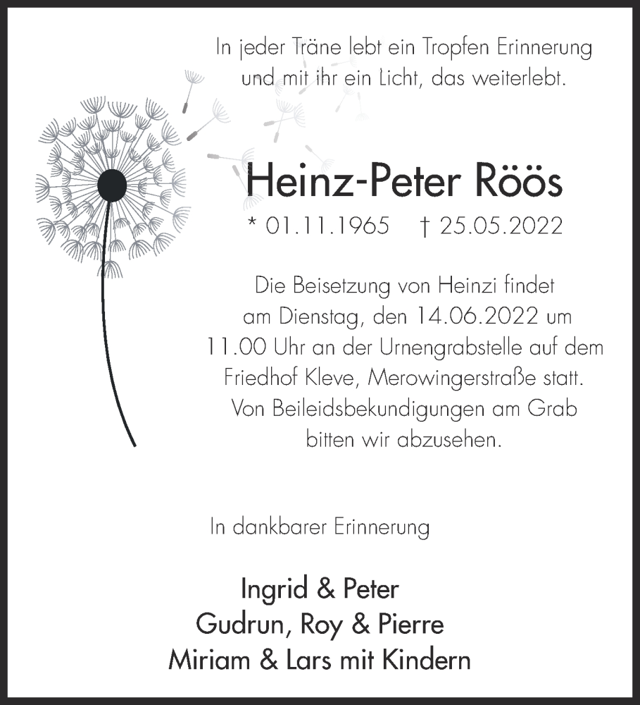  Traueranzeige für Heinz-Peter Röös vom 11.06.2022 aus 