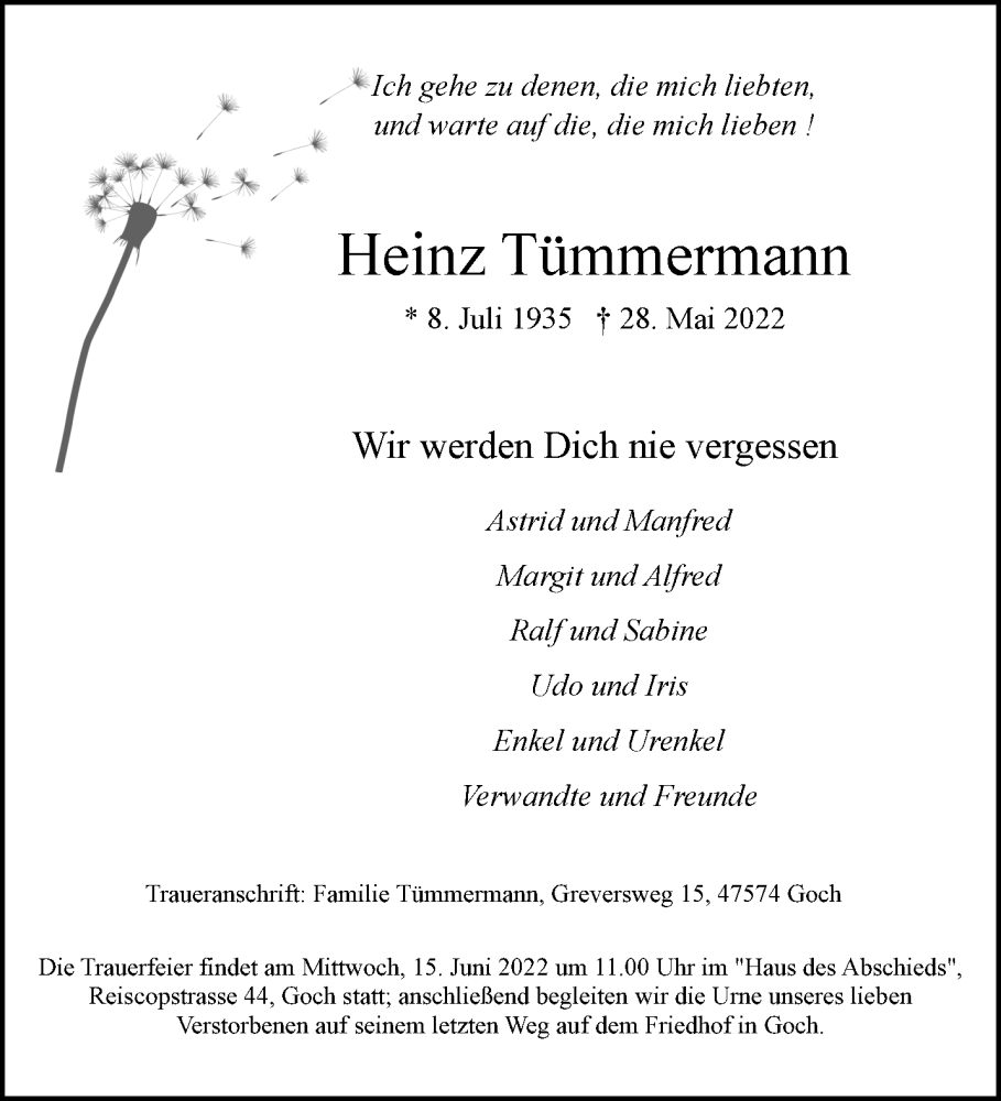  Traueranzeige für Heinz Tümmermann vom 11.06.2022 aus 
