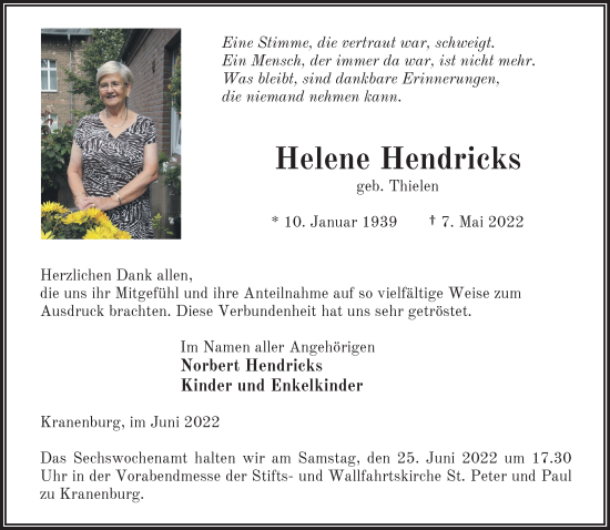 Traueranzeige von Helene Hendricks 