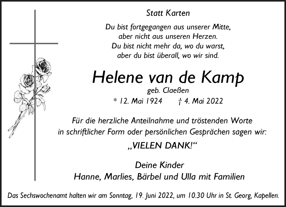  Traueranzeige für Helene van deKamp vom 11.06.2022 aus 
